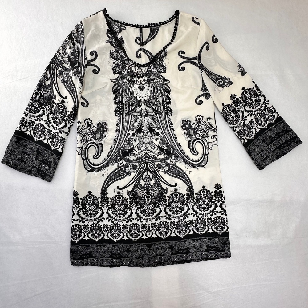 Peppermint USA Womens Kaftan Black White Paisley Tunic Boho‎ 3/4 Sleeve Medium